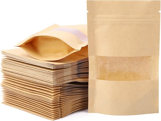 100pcs 3.5 x 5.5 inch Kraft Paper Treat Bags with Window Ziplock Stand Up Pouches for Food Storage Cookies Snacks Tea Packing by Tecbeauty