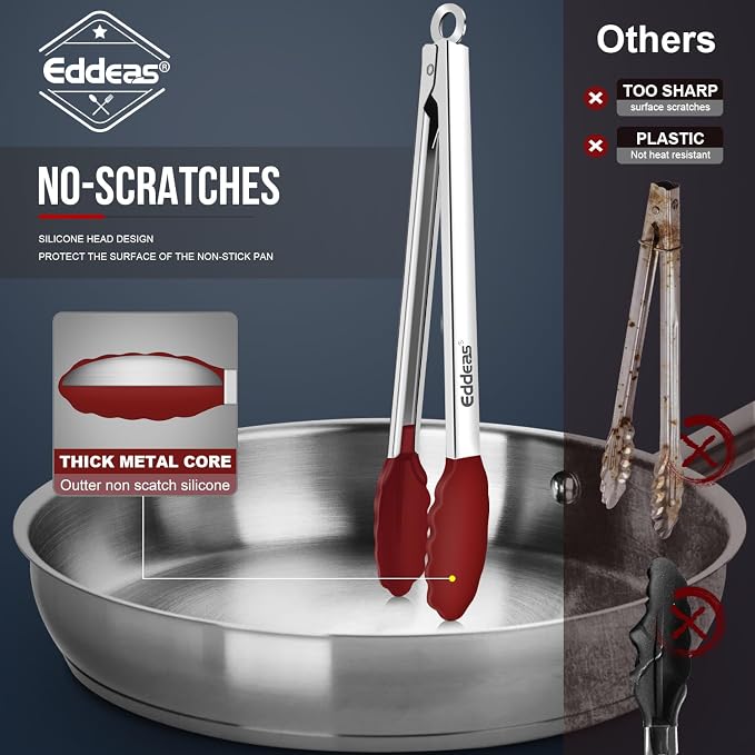 Tongs For Cooking - Silicone Metal Kitchen Tong 7" 9" & 12" Red | 600°F Heat Resistant Silicone Tong, All Metal handle Locking Tongs with Silicone Tips, Heavy Duty Stainless steel - Image 3