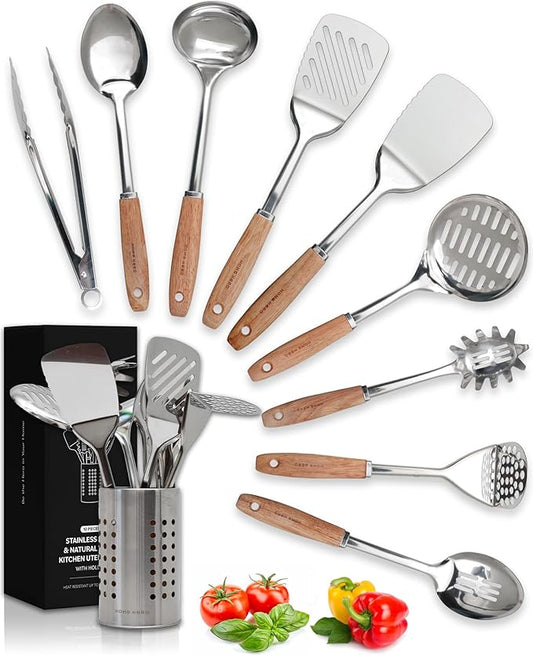 Home Hero 10-Piece Stainless Steel Kitchen Utensil Set with Wooden Handle | Ergonomic Wood Handle Stainless Steel Kitchen Utensils - Rust-Resistant, Nonstick Safe with Storage Holder (10-Piece) by HomeHero