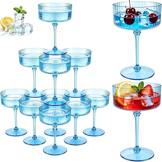 PLULON 12 Pcs Blue Coupe Martini Glasses Cocktail Champagne Cup 10 Oz | Ribbed Plastic Martini Espresso Glasses for Bar Drinking Gifts Wedding Birthday Party, Detachable Margarita Cup Glassware by PLULON