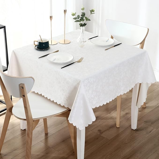 Smiry Square Waterproof Heavy Duty Vinyl Tablecloths, 54 x 54 Inch | Wipeable Washable Floral Embossed Table Cover for Kitchen and Dining Room, Indoor & Outdoor Use, White by Smiry