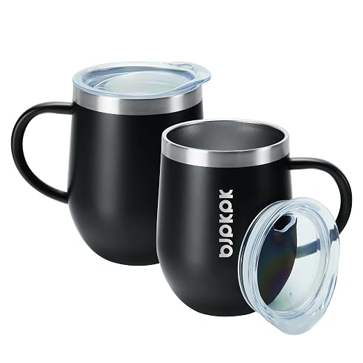 BJPKPK 2PCS Insulated Coffee Mug with Lid, 12oz Stainless Steel Tumbler | Travel Coffee Mug with Handle, Vacuum Insulated Tumbler Cup for Camping, Office, Home, BPA Free Lid, Hot & Cold by BJPKPK