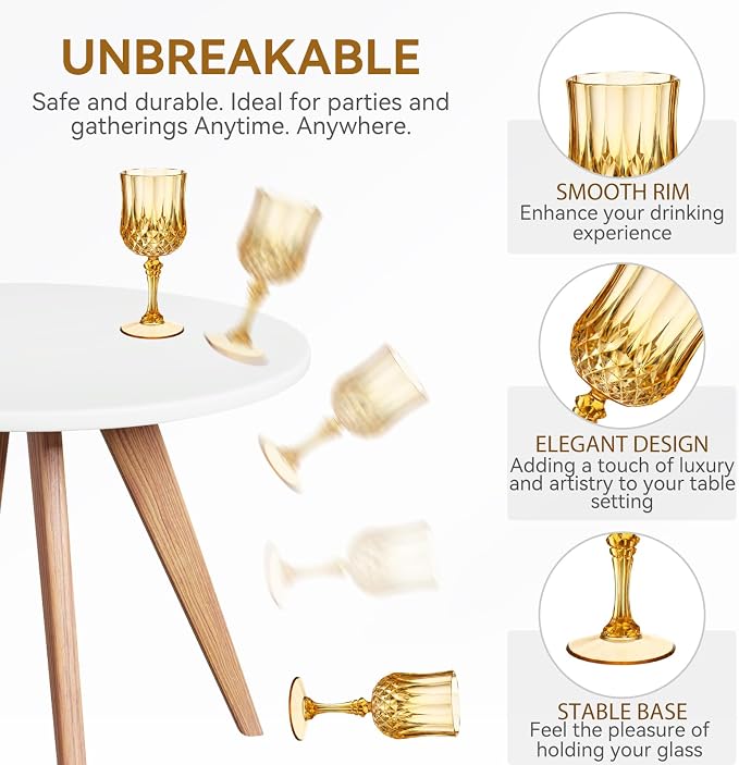 Sliner 48 Pcs 7oz Plastic Vintage Wine Glasses Drinking Goblets Unbreakable Crystal Water Glassware Reusable Diamond Champagne Flutes Cups for Wedding Banquet Birthday Party Supplies (Gold) - Image 2