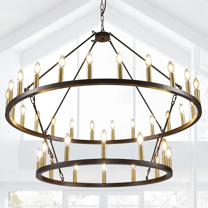 47 Inch Round Black and Gold Chandelier, 2 Tier 36-Lights Farmhouse Wagon Wheel Chandelier, Rustic Dining Room Light Fixtures, Extra Large Foyer Chandeliers for High Ceilings, for Staircase, Entryway by SofaFurniture