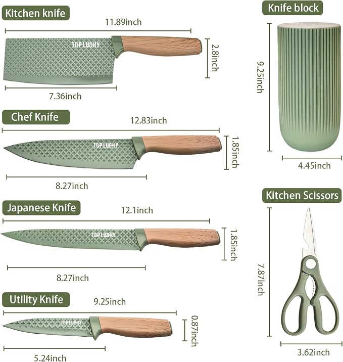 Kitchen Knife Set, Retrosohoo 6-Pieces Green Sharp Knife Set for Kitchen, Non-stick Non-slip Stainless Steel Chef Knife Set with Universal Knife Block Suitable for Home Restaurant (Green) - Image 8