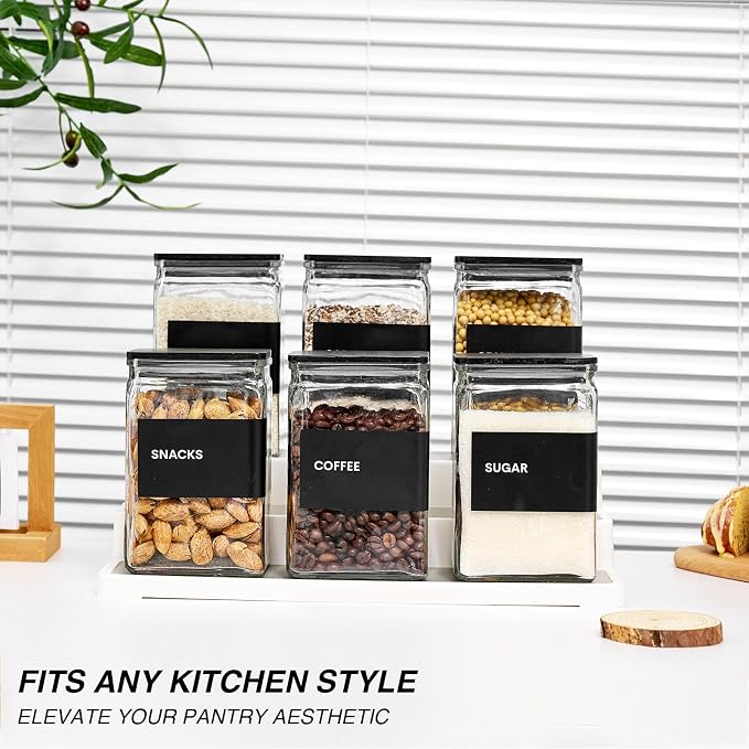 Glass Storage Jars with Bamboo Lids, 27oz Square Spice Jars for Kitchen Pantry Organization, Glass Seasoning Bottles Spice Containers with Labels for Cereal Flour Beans Tea - Image 5