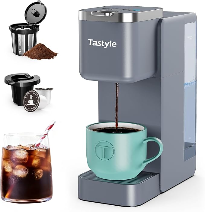 Tastyle Single Serve Coffee Maker for K Cups and Grounds with 3 Brew Styles | 40oz Removable Water Tank, 6 to 24oz Brew Size, Compact Design, Fits 7.3" Travel Mug, for Home, RVs and Office, K330IC, Gray by Tastyle