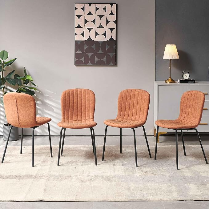 Dining Chair Set of 4, Upholstered PU Leather Seat with Black Metal Legs,Modern Comfortable Kitchen Chair, Curved Backrest Dining Chair for Dining Room Living Home(Mid-Century Brown) - Image 3
