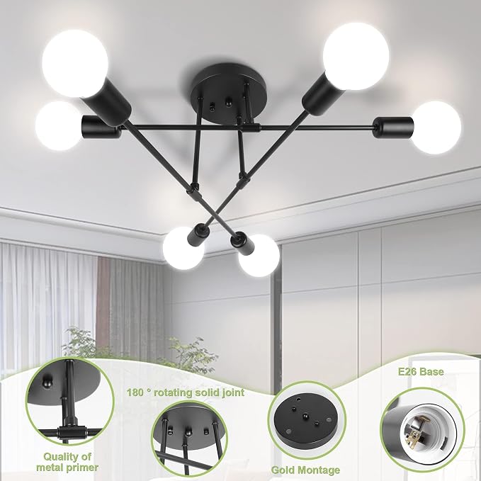 CANMEIJIA Modern Sputnik Chandelier Ceiling Light Fixture with 6 Lights Black Mid Century Ceiling Mount Lights Fixture for Bedroom, Dining Room, Living Room, Kitchen, E26 Base, Bulbs Not Included - Image 7