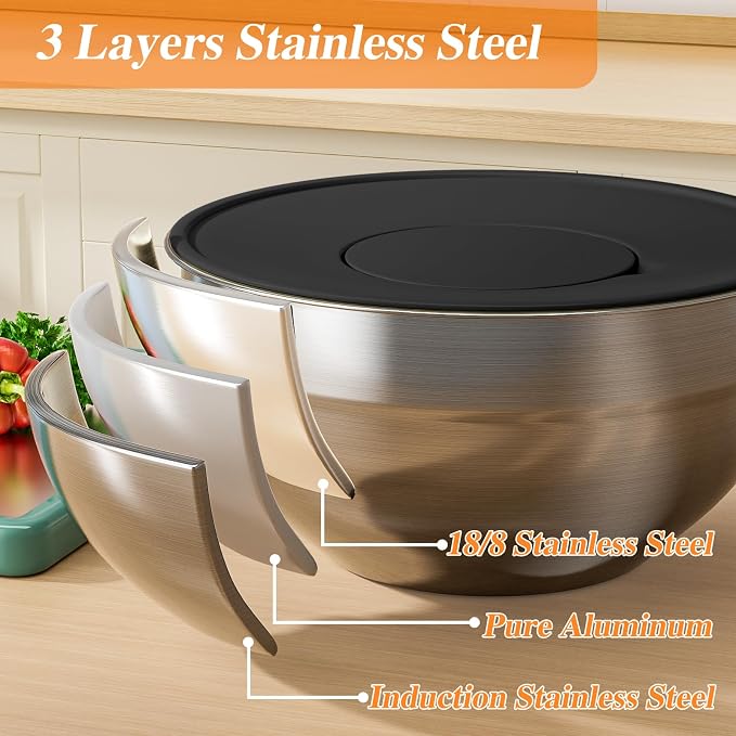 Mixing Bowls with Lids Set, 6 PCS Stainless Steel Mixing Bowls with 3 Grater Attachments, Kitchen Food Storage Organizers Nesting Mixing Bowl, Large Size 4.5, 3.5, 2.1, 1.5, 1.1, 0.7QT-Black - Image 6