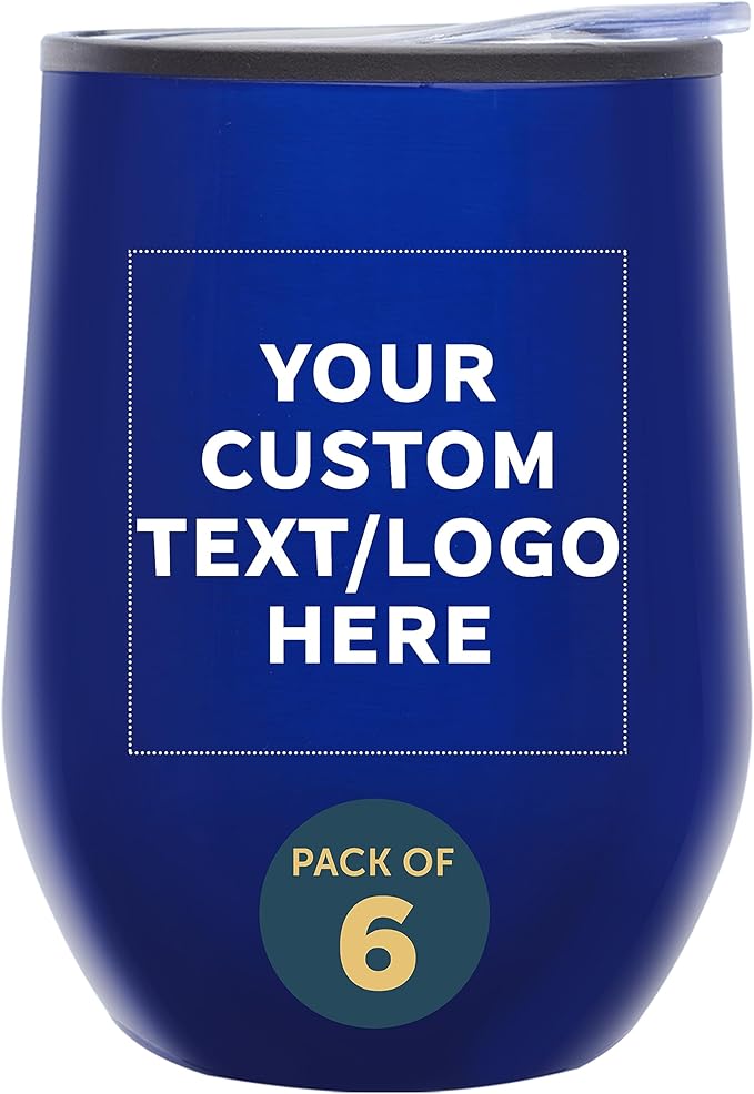 Custom Stemless Wine Tumblers 12 oz. Set of 6, Personalized Bulk Pack - Insulated, Perfect for Wine, Cocktails, Other Hot & Cold Beverages - Blue