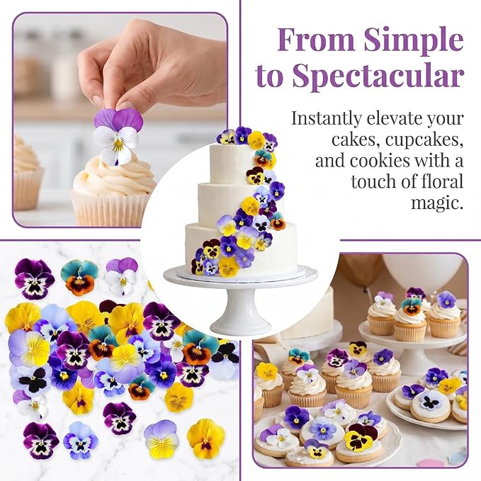 72Pcs Multi‑Color Edible Pansy Flowers for Cake Decorating – Realistic Sugar Pansies, Cupcake Toppers, Birthday & Wedding Dessert Decorations – Fully Edible, Handcrafted Style - Image 2