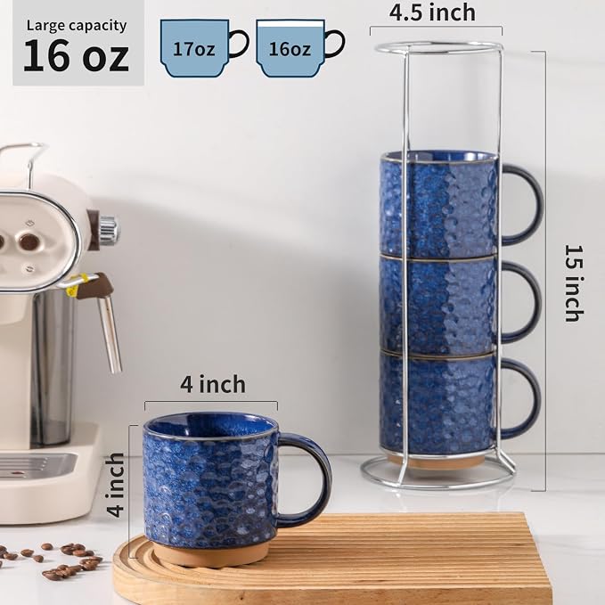 Nihow 16 OZ Ceramic Coffee Mug with Stackable Stand,Set of 4,Blue | Stainless Stand Included, Cappuccino & Tea, Hot/Cold Drinks, Dishwasher & Microwave Safe - Image 2