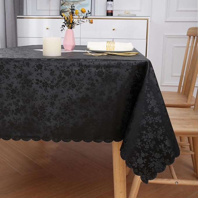 Smiry Rectangle Waterproof Heavy Duty Vinyl Tablecloths, 60 x 140 Inch | Wipeable Washable Floral Embossed Table Cover for Kitchen and Dining Room, Indoor & Outdoor Use, Black - Image 7