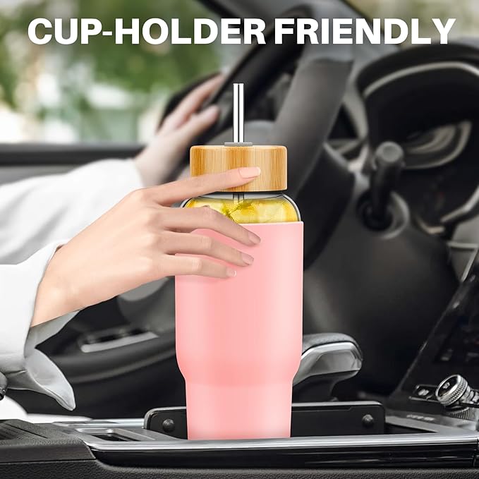 PROBTTL Glass Water Bottles, 1 Liter Glass Tumbler, Borosilicate Water Bottle with Straw, Silicone Sleeve, 2 Lids - Handle Spout & Bamboo Straw Lid, Fits Car Cup Holder (Pink, 40 Ounces)