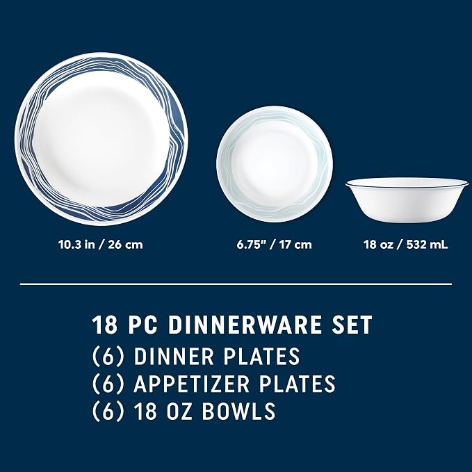 Corelle Vitrelle 18 Piece Glass Dinnerware Sets Service for 6, Triple Layer Chip & Crack Resistant Glass Plate and Bowl Sets, Acadia - Image 2