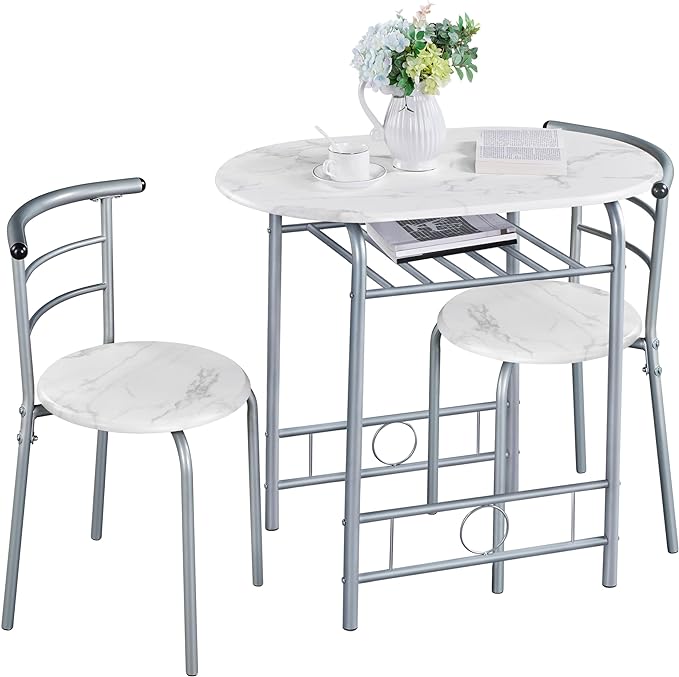 Yaheetech 3-Piece Dining Table Set, Breakfast Bistro Table Set for 2, Small Kitchen and Table Chairs Set of 2 with Metal Frame and Storage Rack for Small Space/Apartment/Dorm Room, White by Unknown