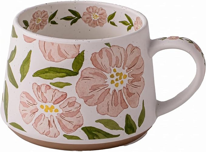 Ceramic Coffee Mug, 13oz Floral Design Pottery cute mugs, Ideal Gift for Women unique vintage pretty coffee mugs (Pink Bulky Flower Mug) by Qixc%C3%B3zti