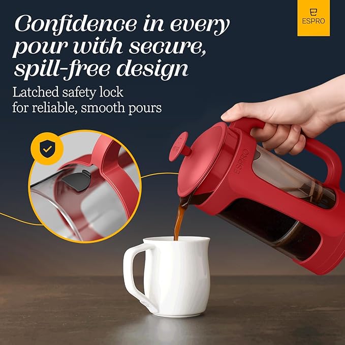 ESPRO P3 French Press Coffee Maker – Patented Double Micro-Filter for Grit-Free Brew, Heat Resistant thicker Borosilicate Glass Coffee press – Red (32oz)