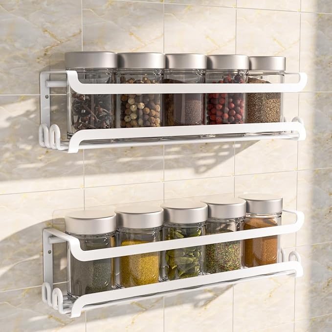 LUCYCAZ 2 Pack Wall Mounted Spice Rack for Spice Jars & Seasonings (White) | 8 Metal Hooks, Space-Saving,Screw or Adhesive Spice Shelf Hanging,for Kitchen Cabinet,Pantry Door,RV,Camper Spice Orgnaizer by LUCYCAZ