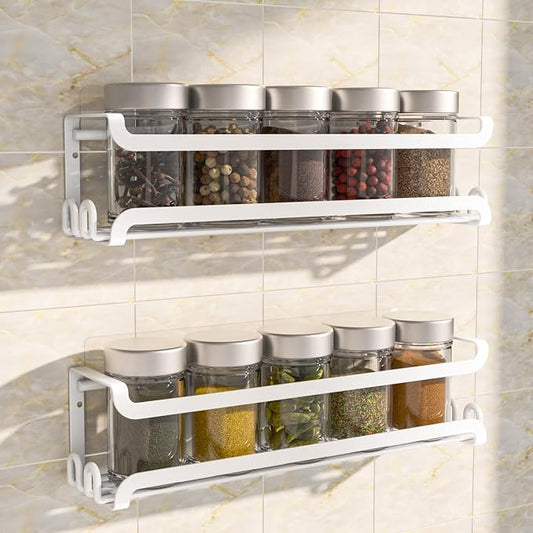 LUCYCAZ 2 Pack Wall Mounted Spice Rack for Spice Jars & Seasonings (White) | 8 Metal Hooks, Space-Saving,Screw or Adhesive Spice Shelf Hanging,for Kitchen Cabinet,Pantry Door,RV,Camper Spice Orgnaizer by LUCYCAZ
