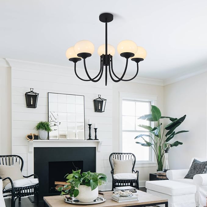 5 Light Black Milk Glass Chandelier Farmhouse Pendant Lights Kitchen Island Frosted White Globe Chandelier Mid Century Modern Dining Room Light Fixtures Over Table - Image 4
