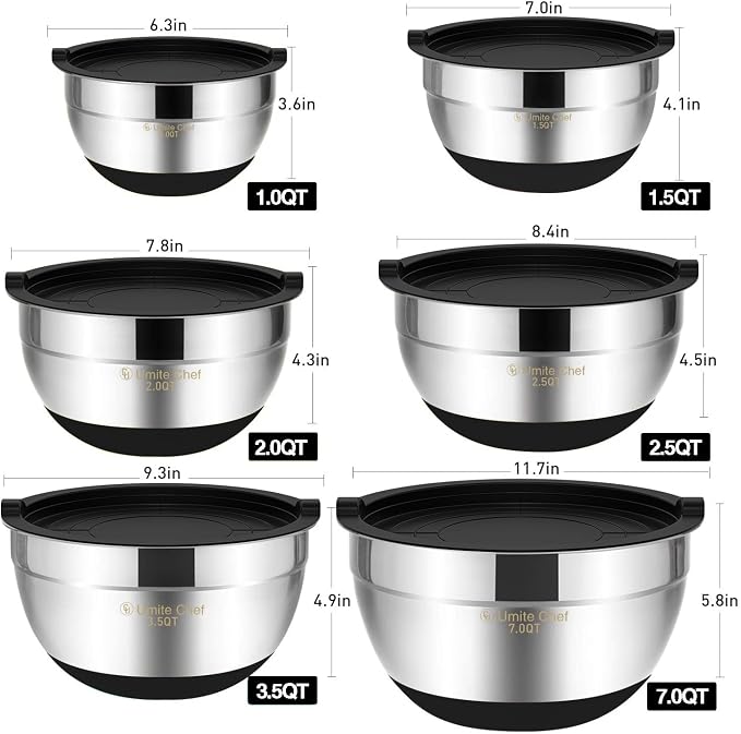 Umite Chef Mixing Bowls with Airtight Lids，6 piece Stainless Steel Metal Nesting Storage Bowls, Non-Slip Bottoms Size 7, 3.5, 2.5, 2.0,1.5, 1QT, Great for Mixing & Serving(Black) - Image 4
