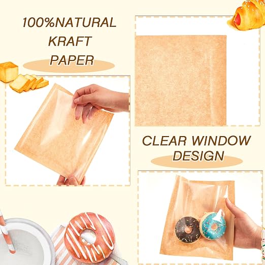 Outus 400 Pcs Cookie Packaging Bags with Seal, 7.1 x 7.5 Inch Bakery Pastry Bags with Window, Heat Sealable Grease Resistant Paper to Go Bake Sleeves for Gift Giving Donut Bread Sandwich (Brown) - Image 3