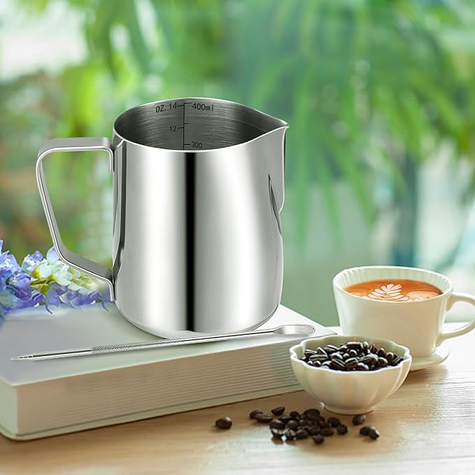 Milk Frothing Pitcher,Milk Steaming Frother Cup,Barista Cappuccino Latte Art Milk Jug with Decorating Pen,Stainless Steel Espresso Coffee Bar Accessories Tools (Silver, 14oz)