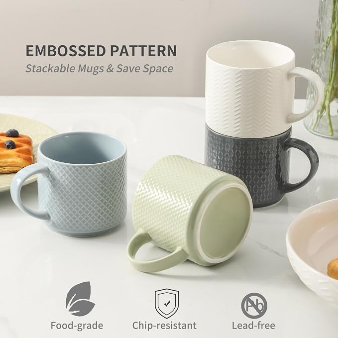 HASENSE Coffee Mugs with Metal Stand,15 oz Ceramic Stackable Mug Set Embossed Latte Cup, Ceramic Coffee Cups with Handle for Cappuccino and Tea, Multi Color - Image 3