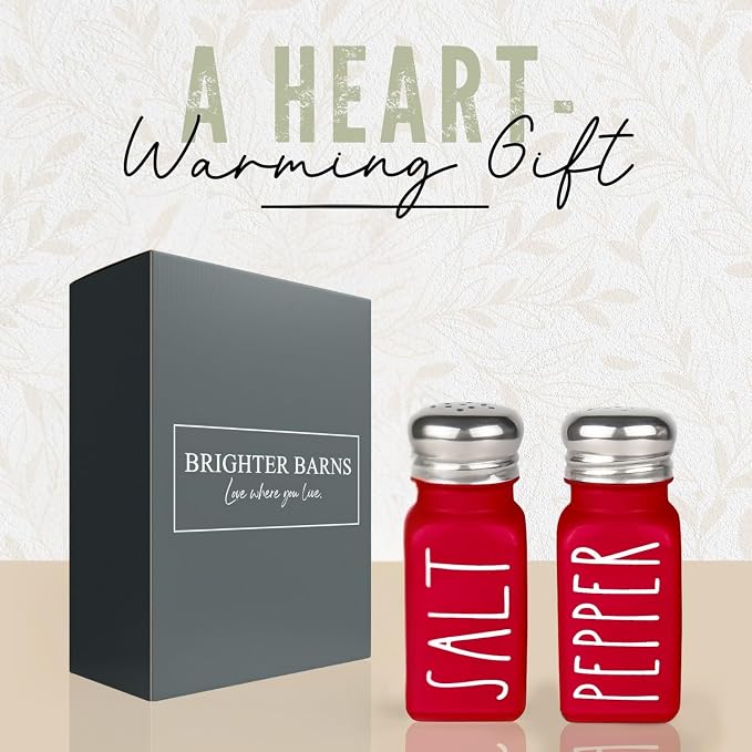 Red Salt and Pepper Shakers Set by Brighter Barns - Modern Farmhouse Kitchen Decor and Accessories for Home Restaurants Weddings - Cute Modern Glass Christmas Shaker Sets & Stainless Steel Lid (Red) - Image 4