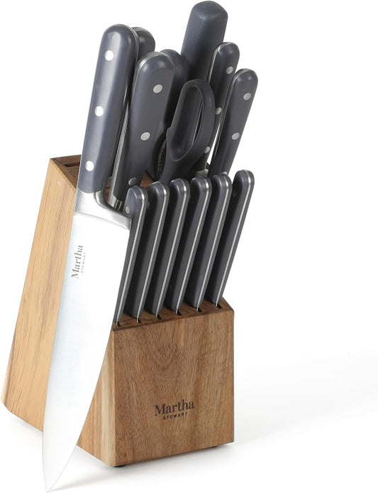 MARTHA STEWART Eastwalk 14 Piece High Carbon Stainless Steel Cutlery Knife Block Set w/ABS Triple Riveted Forged Handle Acacia Wood Block - Gray by MarthaStewart