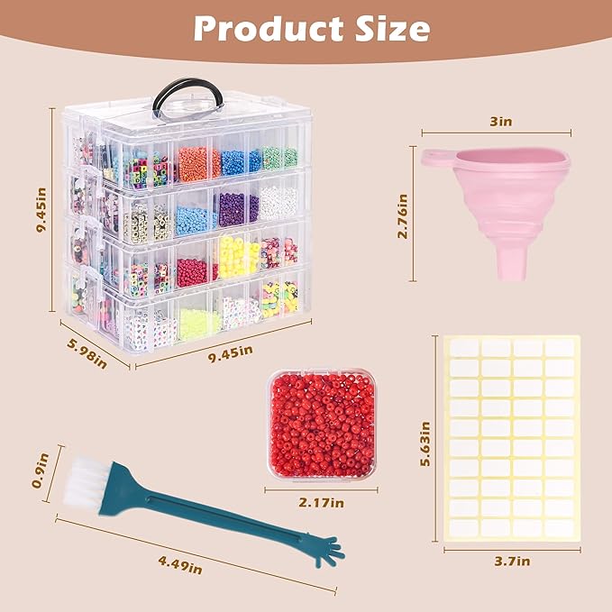 4-Tier Bead Storage Container, Craft Organizer Box with 32 Compartments, Clear Plastic Case with Handle, Includes Funnel and Brush (4-Tire Bead Organizer)