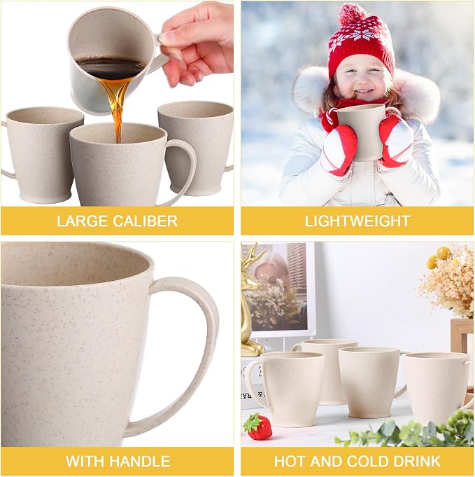 Zopeal 16 Pack Wheat Straw Plastic Coffee Cups Mugs 10 Oz Reusable Plastic Cup Mug with Handle Lightweight Microwavable Dishwasher Safe Unbreakable for Tea Milk Water Juice Coffee (Nordic Beige) - Image 5