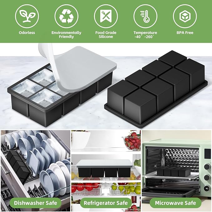 Large Ice Cube Molds, 2 Pack Easy Release Ice Trays for Freezer with Lid, Stackable Square Big Silicone Ice Cube Tray BPA Free Slow Melting for Bourbon Whiskey, Cocktails, Iced Coffee (Black)