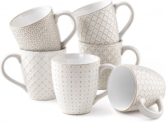DOWAN Coffee Mugs Set of 6, 19 oz Large Mug, Ceramic Embossment Stoneware Tea Cups with Handle for Men Women, Handcrafted Mug Gift Set, Housewarming Wedding Gift by DOWAN