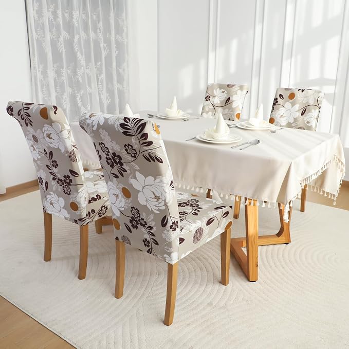 FORCHEER Chair Covers for Dining Chairs Set of 4,Beige Floral Stretch Dining Room Chair Cover Kitchen Parsons Chair Slipcovers (Pack of 4, Beige+Floral) - Image 6
