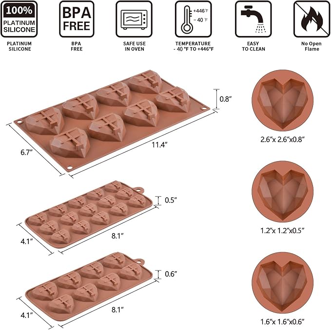 3 Sizes Silicone Molds for Chocolate Bombs Large Medium Small Diamond Heart Shaped Cake Mold Set Mini Heart Candy Molds for Wax Melts