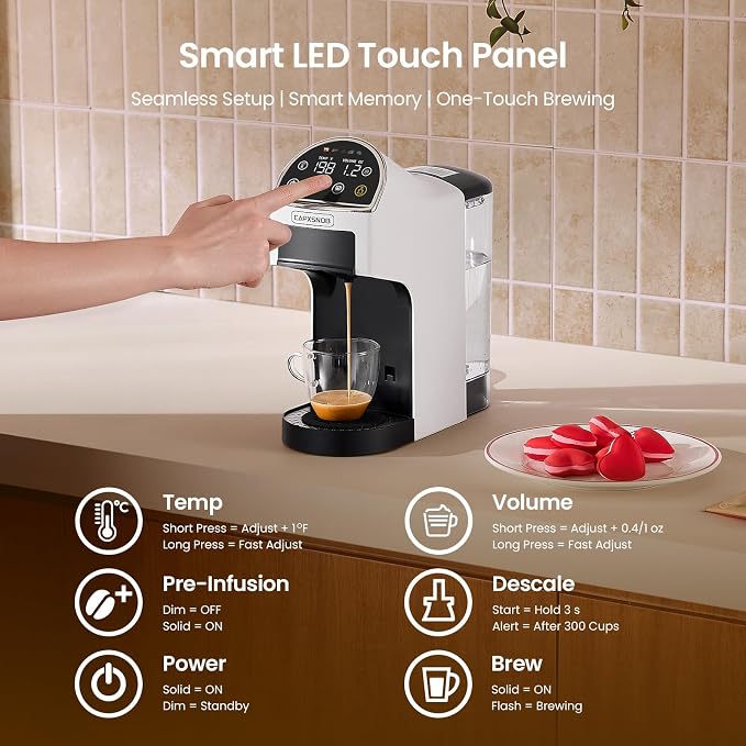 Magician2 5-in-1 Mini Coffee Maker & Machine | 20 Bar, LED Touch, 42oz Tank | Fits K Cup/Nespresso/Dolce Gusto & ESE Pods, Touchscreen & Pods Recognition, Adjustable Temp/Volume, For Kitchen/Office/Dorm - Image 5