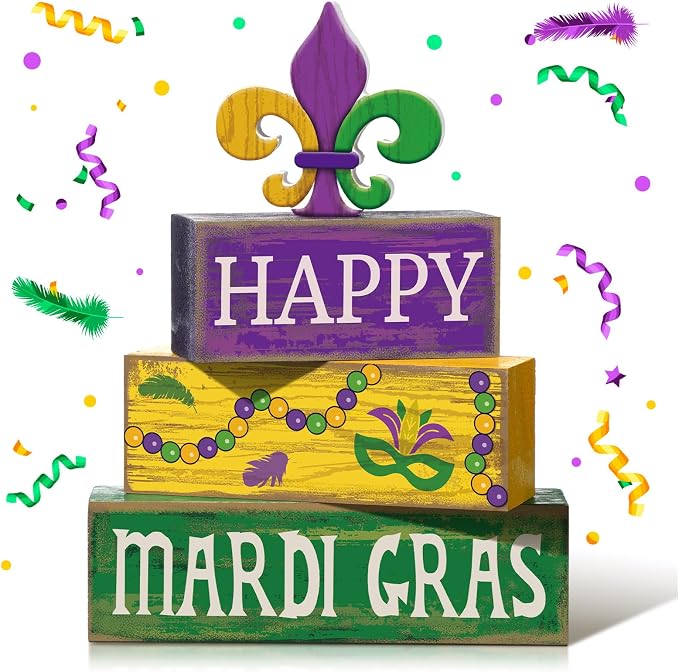 Moucuny 4 Pcs Mardi Gras Decorations Mardi Gras Wooden Sign Carnival Table Centerpiece Carnival Tiered Tray Decor Decorative Faux Book Stack Block for Masquerade Party Fireplace Mantel Shelf by Moucuny