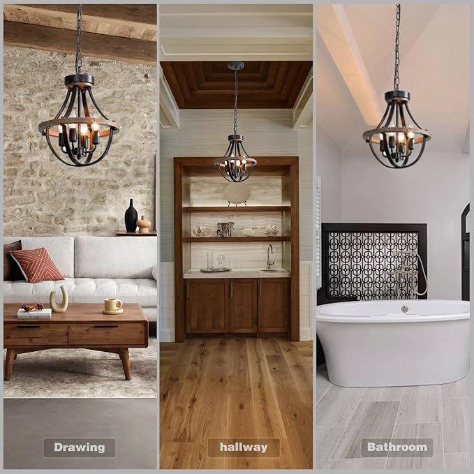 Chandeliers，Farmhouse Ceiling Chandelier Wood Black Modern Rustic Hanging Pendant Light Fixture with Chain for Dining Room Living Room Entryway Kitchen Island Bedroom Foyer Lighting（4-Light） - Image 7