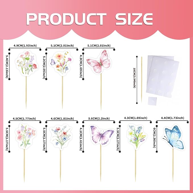 40 Pcs Wildflower & Butterflies Cupcake Toppers - 8 Styles, 5 Pcs Each - Non-Edible Cake Toppers for Wedding, Birthday, Party Decorations - Image 6