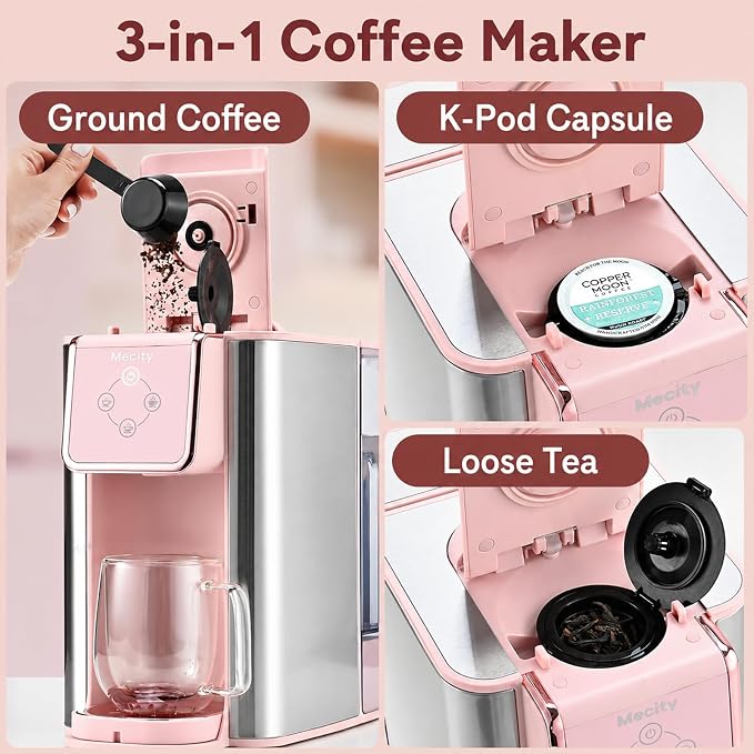 Mecity Pink Coffee Maker 3-in-1 Single Serve Coffee Machine, For Flat Bottom Coffee Capsule, Ground Coffee, 6 to 10 Ounce Cup, Removable 50 Oz Water Reservoir, 120V 1150W - Image 5