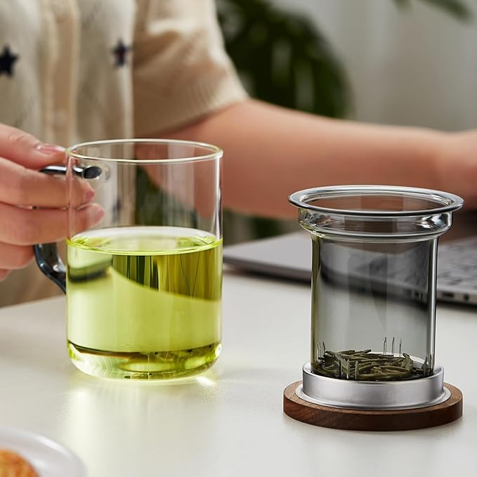 Glass Tea Cup with Infuser and Lid, 14.5oz/430ml Large Borosilicate Teacup, Clear Mug for Loose Leaf Tea,Birthday Gift for Women and Man