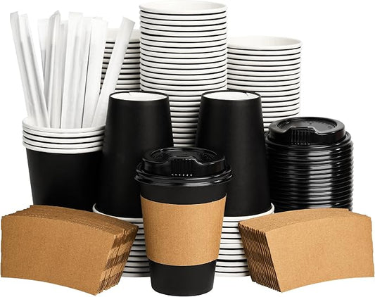 12 oz Paper Coffee Cups with Lids 100 Pack, Black Disposable Hot Coffee Cups with Lids, Sleeves and Stirring Sticks, To Go Cups, for Parties, Picnic, Travel, and Events by VPACKDUO