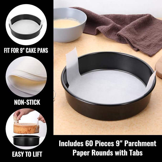 HIWARE 9-Inch Round Cakes Pan Set with 60 Pieces Parchment Paper Rounds, Nonstick Baking Cake Pans, Dishwasher Safe - Set of 2 - Image 3