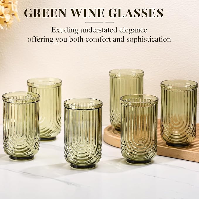 Green Vintage Drinking Glasses Set of 6-17oz Hand-Blown Highball Ribbed Glassware, Arch Design Cocktail Glasses for Whiskey Water Beverages Ice Coffee Juice Milk - Image 2