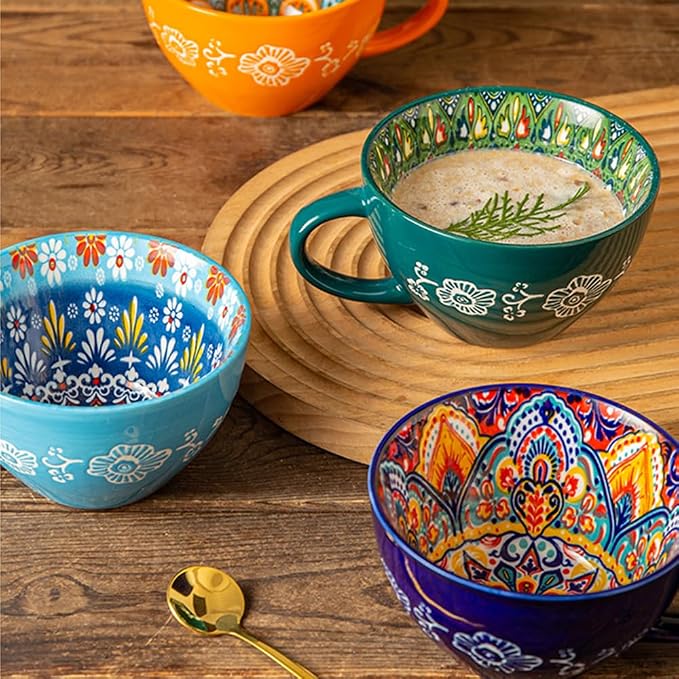 Bohemian Hand-Painted Ceramic Mug, 15 Oz Large Coffee Cup for Milk, Tea, and Breakfast, Dishwasher & Microwave Safe Artisan Cup, Navy Blue - Image 2