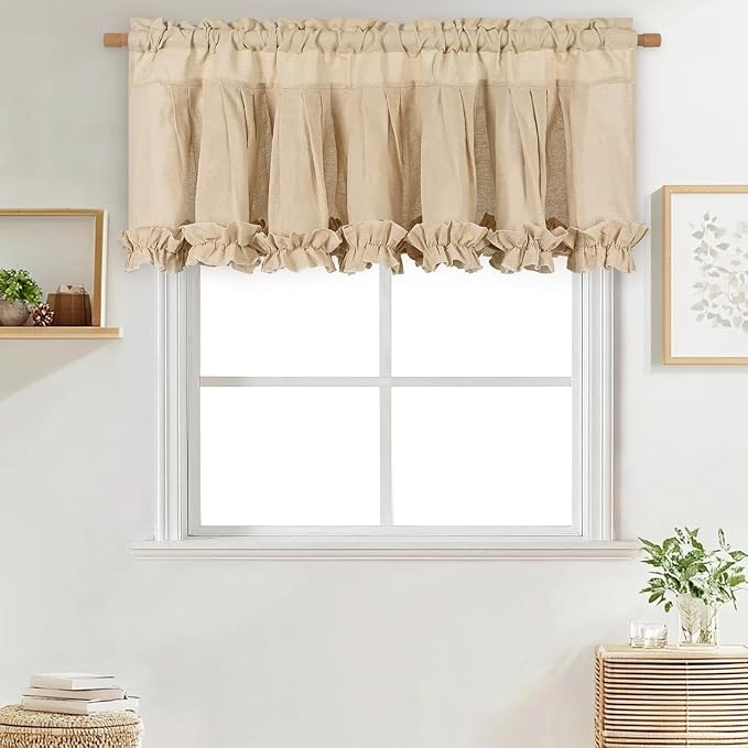 Likiyol Linen Valances for Windows Farmhouse Window Valances with Ruffle Rustic Country Light Filtering Kitchen Valance Curtains Rod Pocket Valance for Bathroom Cafe, Linen, 52" W X 18" L - Image 9