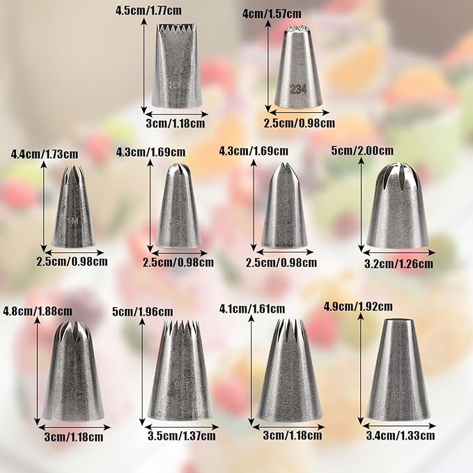 Piping Tips, 10 Pcs Stainless Steel Icing Piping Nozzles Cake Decorating Tips Baking Tool for Cream Cupcake Cookie